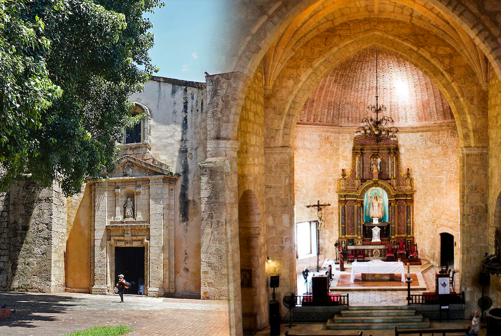 (izq.) fachada de la iglesia (der.) vista general hacia la capilla, interior De la Iglesia Nuestra Señora de las Mercedes