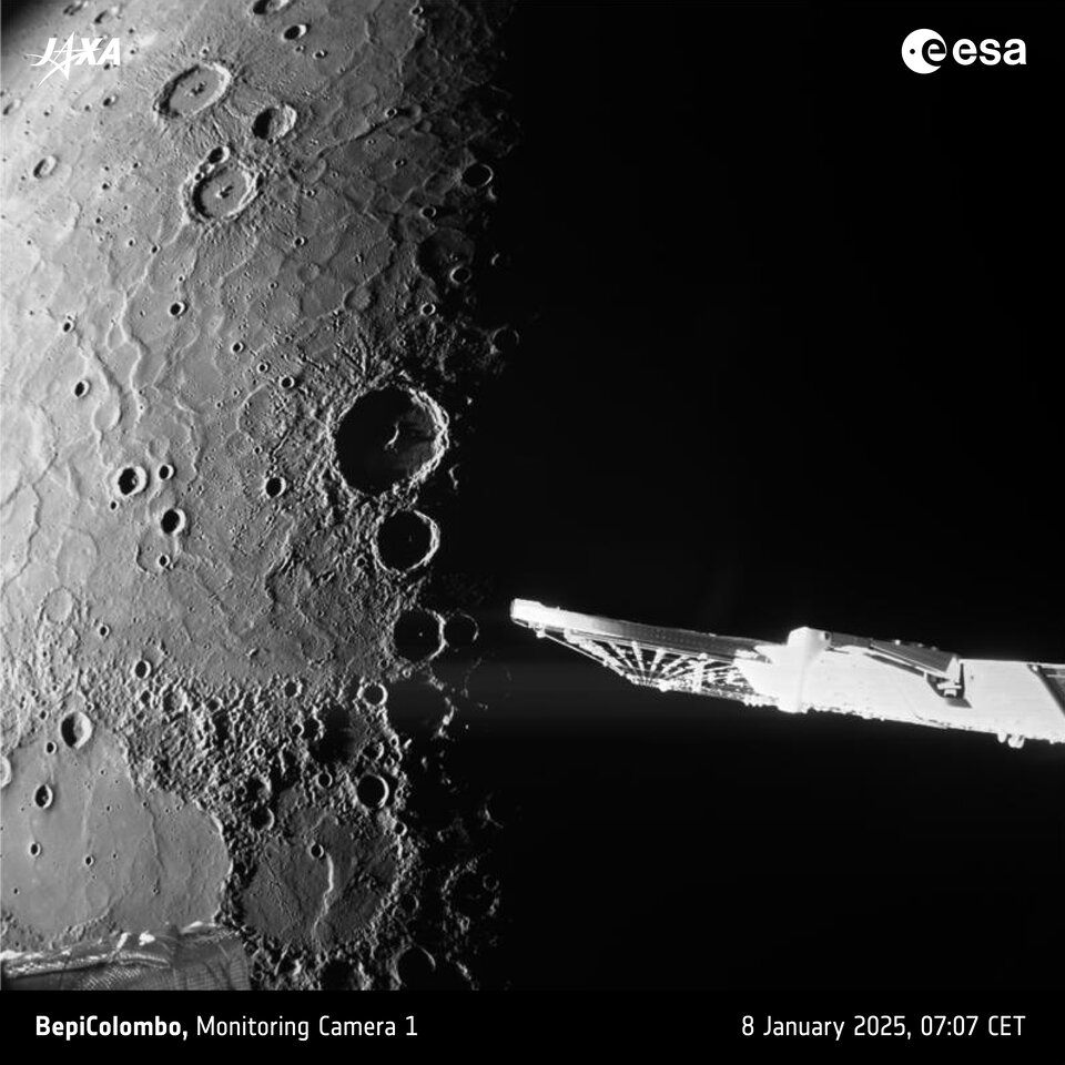 Primer plano de la región del polo norte de Mercurio, tomada por M-CAM 1. (ESA/BepiColombo/MTM)