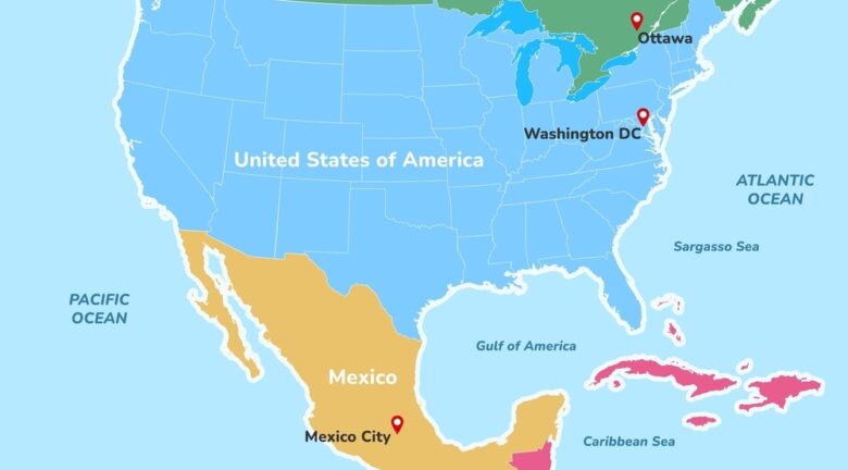 Gulf,Of,America.,North,America,Map,With,Countries,Mexico,And