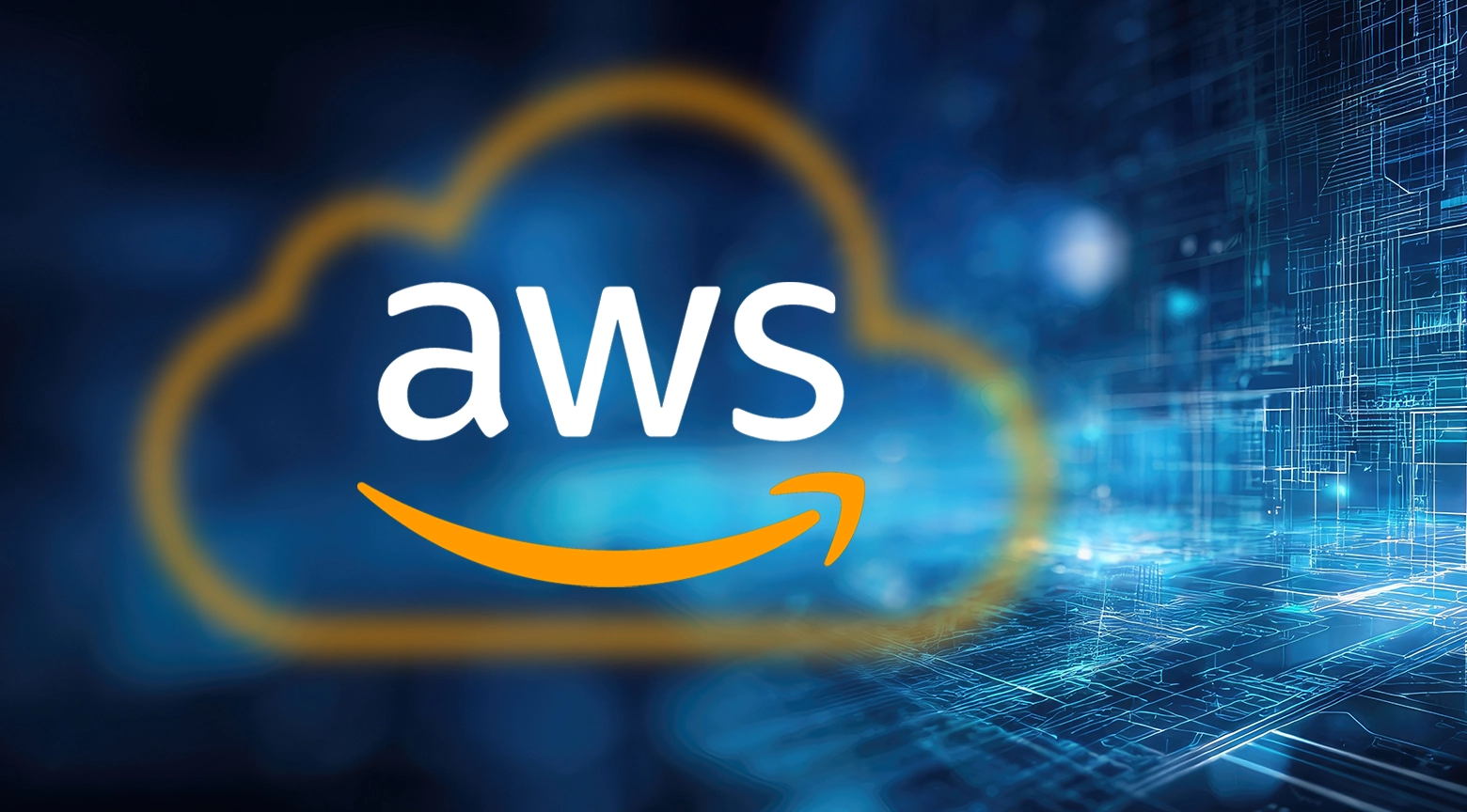 Logotipo de Amazon Web Services (AWS) sobre un fondo digital azul con elementos tecnológicos y una nube estilizada.