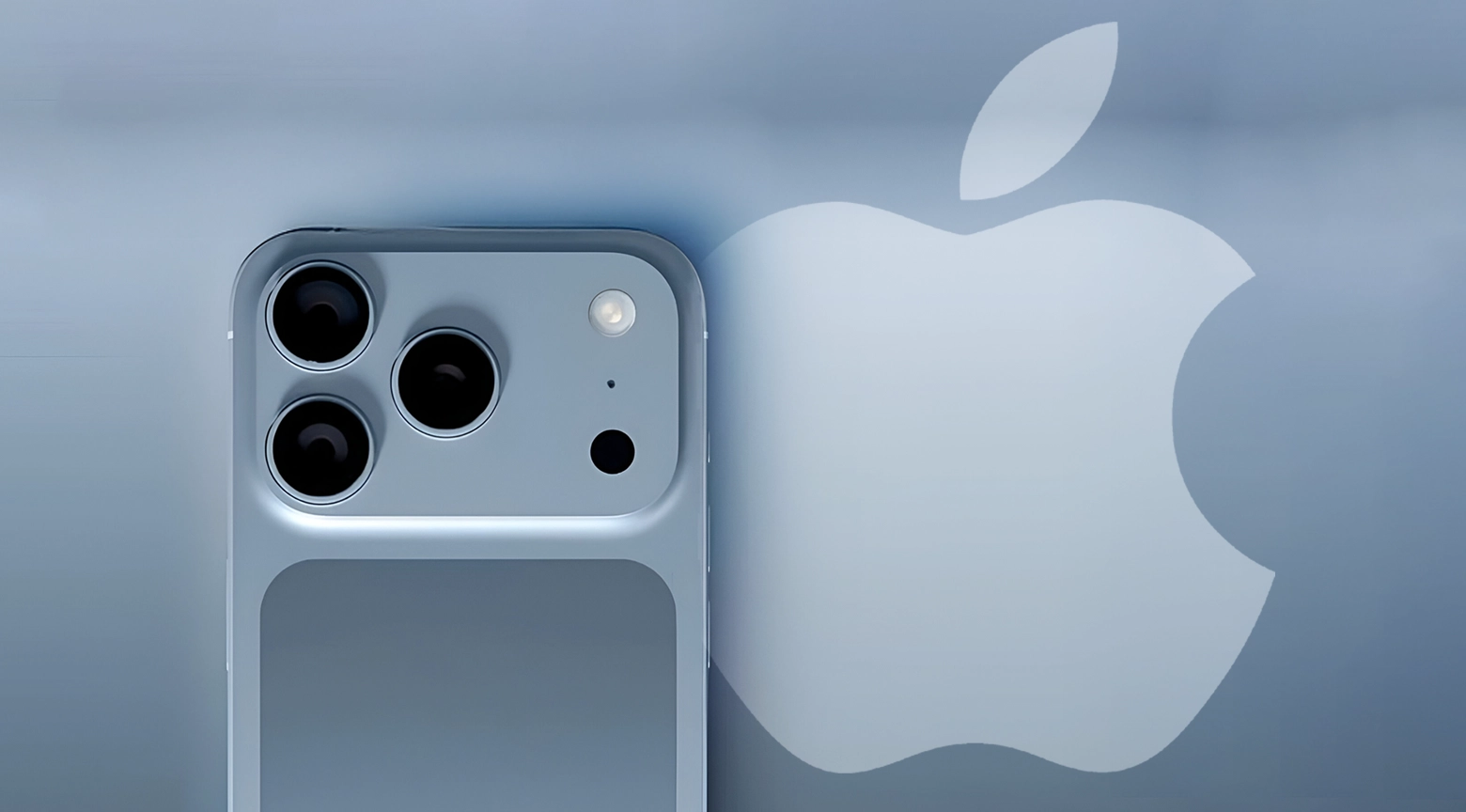 Teléfono inteligente Apple con triple cámara junto al logotipo de la marca sobre un fondo azul metálico.