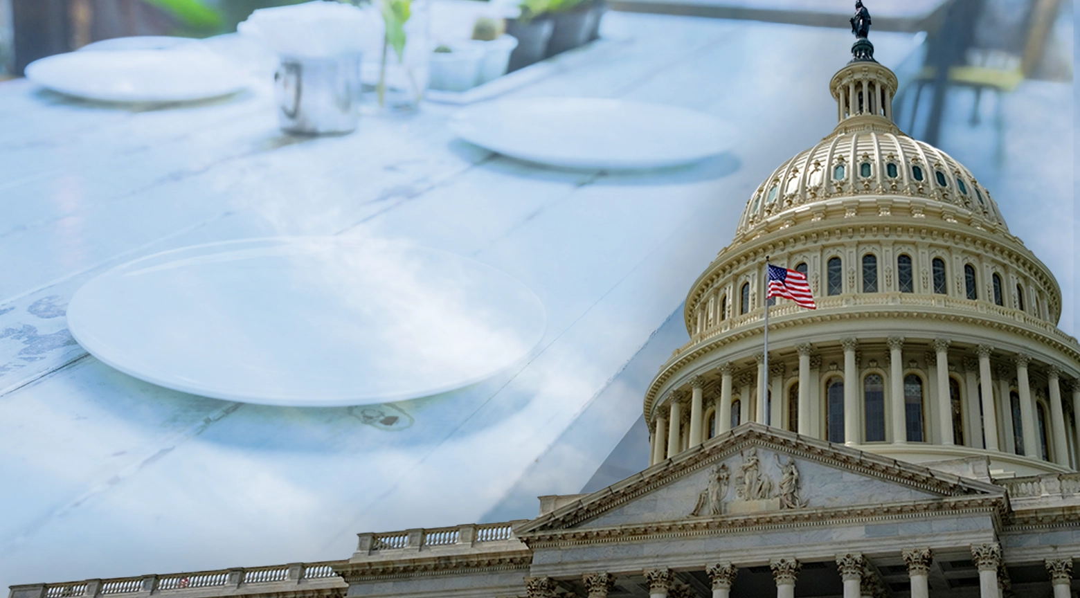 Montaje del Capitolio de Estados Unidos con una mesa vacía servida con platos, representando el impacto del cierre de gobierno en la alimentación.