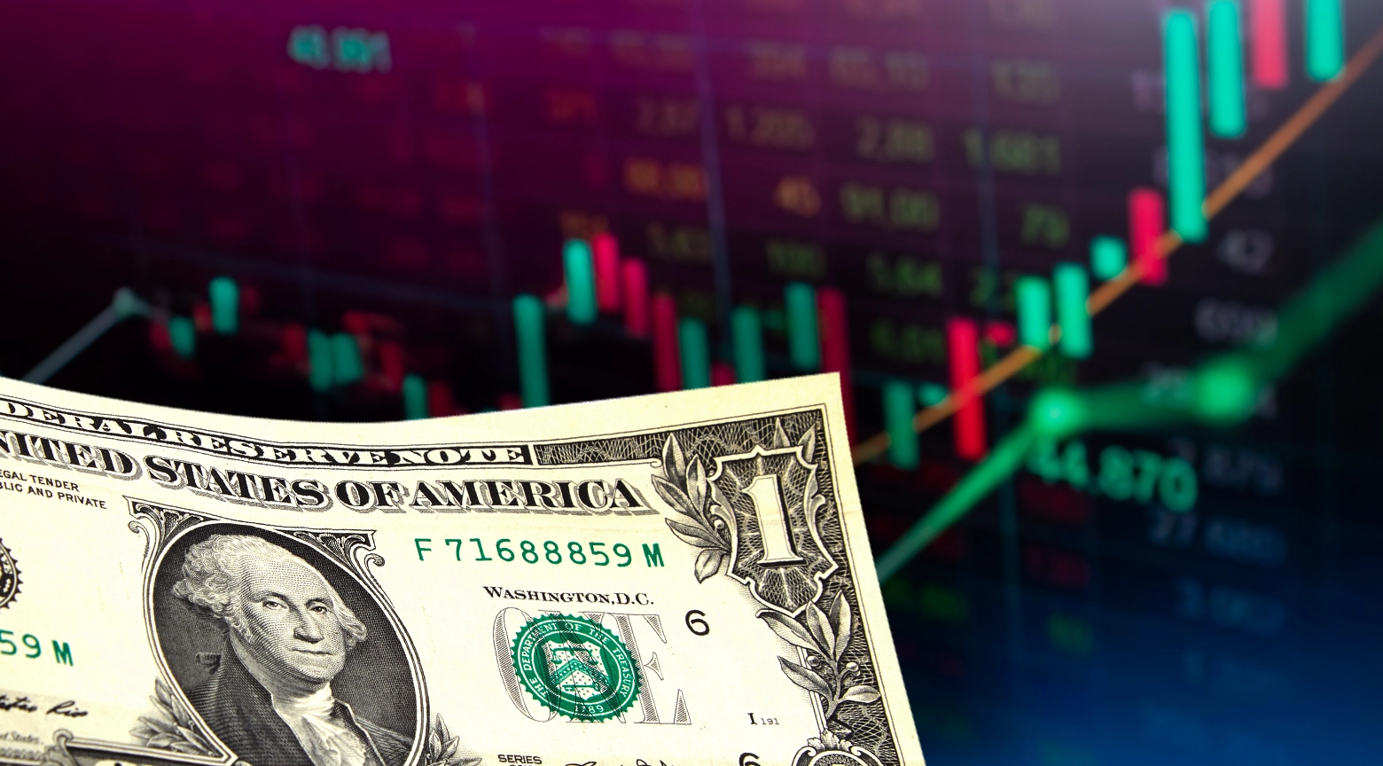 Billete de un dólar estadounidense frente a un gráfico financiero en alza.