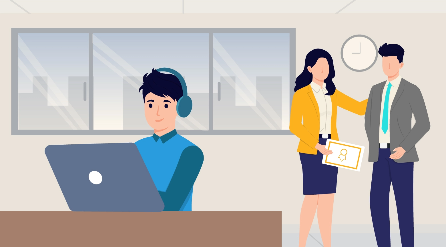 Ilustración de un joven trabajando en su computadora con auriculares, mientras dos compañeros conversan y uno recibe un reconocimiento en una oficina moderna.