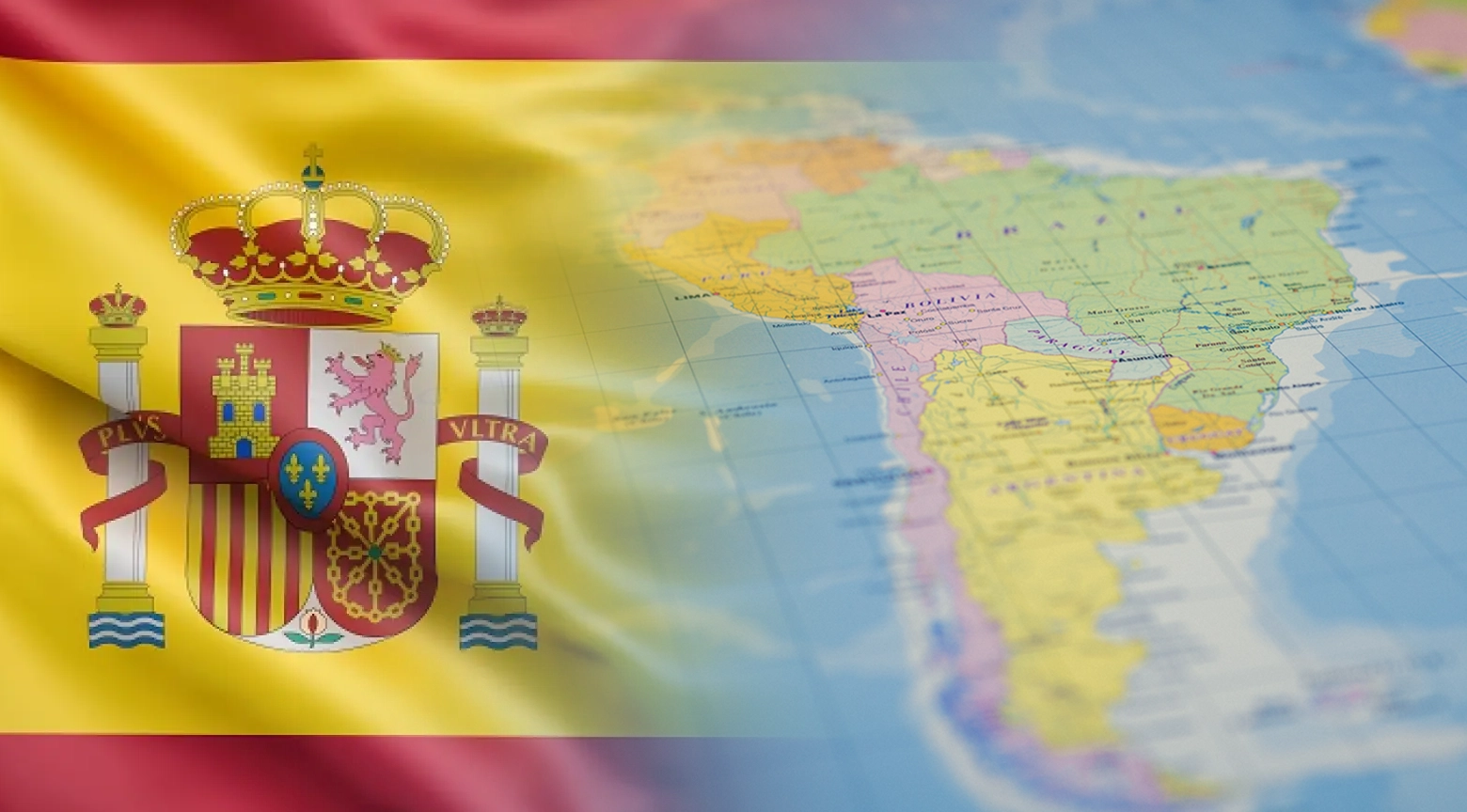 Bandera de España superpuesta sobre un mapa político de América Latina.