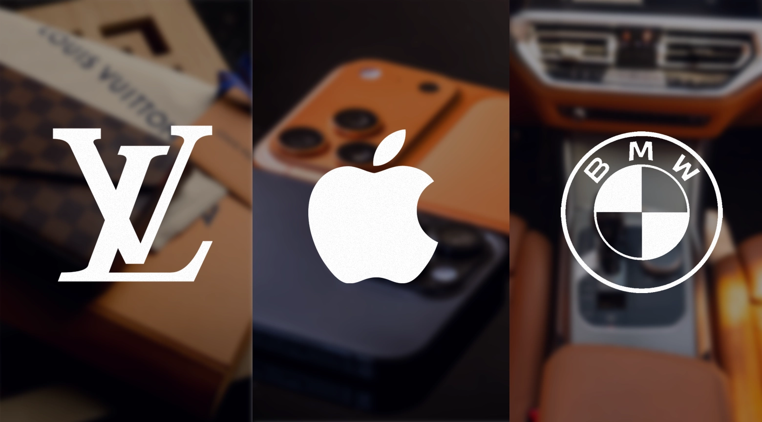 Composición con los logotipos de Louis Vuitton, Apple y BMW, tres de las marcas más valiosas del mundo en 2025 según el ranking Best Global Brands de Interbrand.