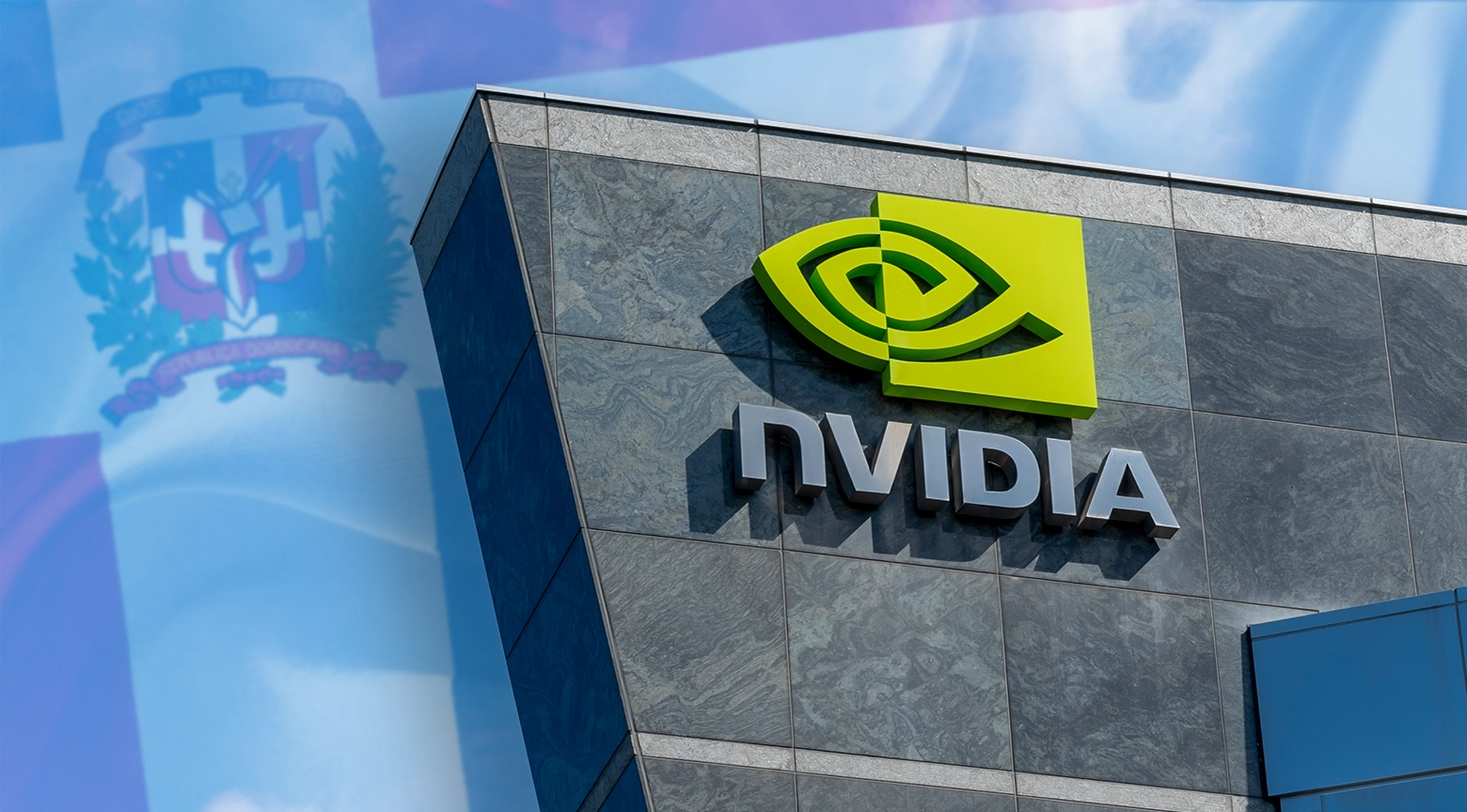 Fachada del edificio de NVIDIA con el logotipo de la empresa y la bandera de la República Dominicana superpuesta en el fondo.