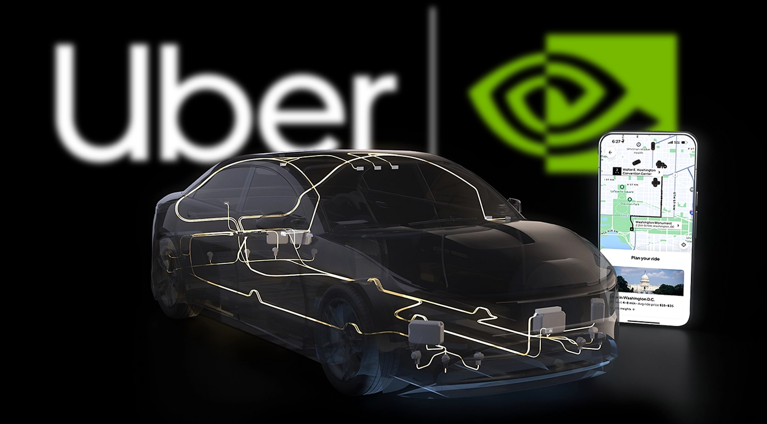 Vehículo autónomo con diseño digital junto a los logos de Nvidia y Uber, con una interfaz de aplicación móvil visible.