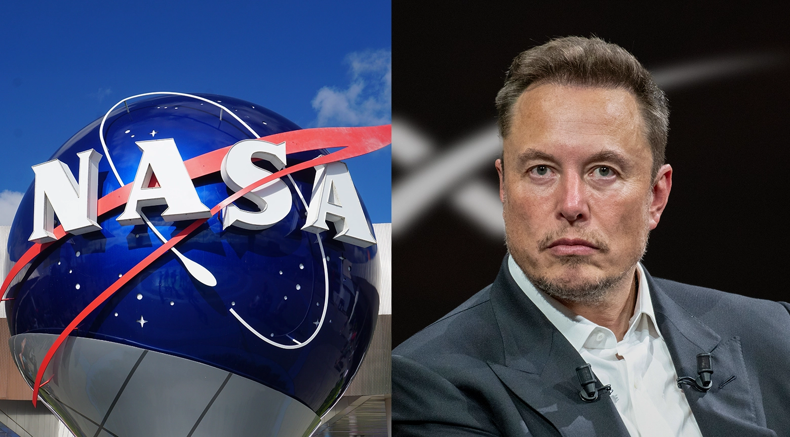 Logotipo de la NASA junto a una imagen de un empresario durante un evento tecnológico.
