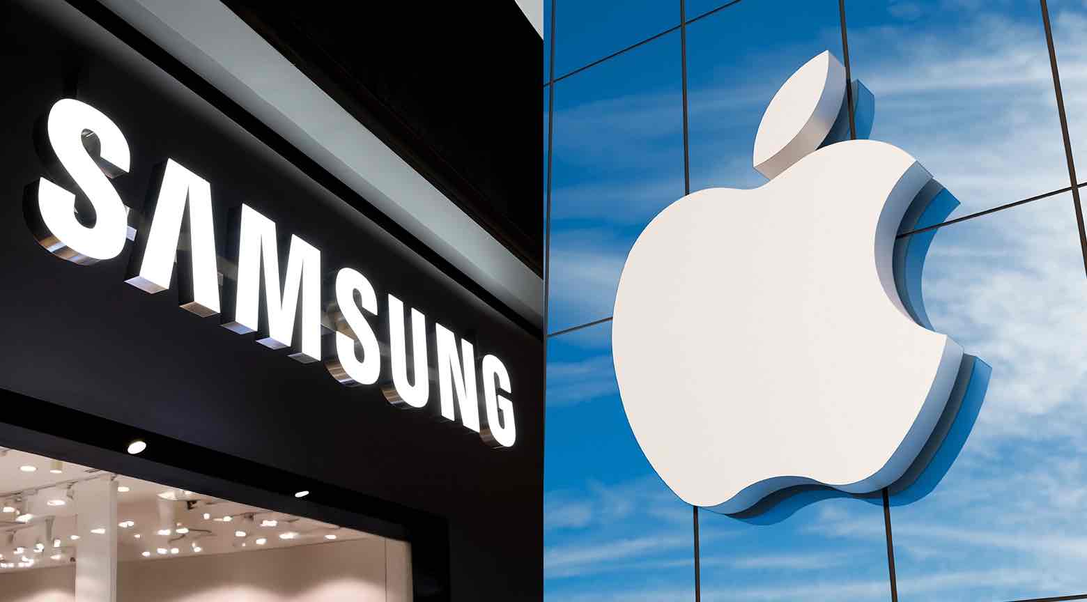 Logos de Samsung y Apple, las dos principales marcas de tecnología, con Apple superando a Samsung en ventas por primera vez en 14 años.