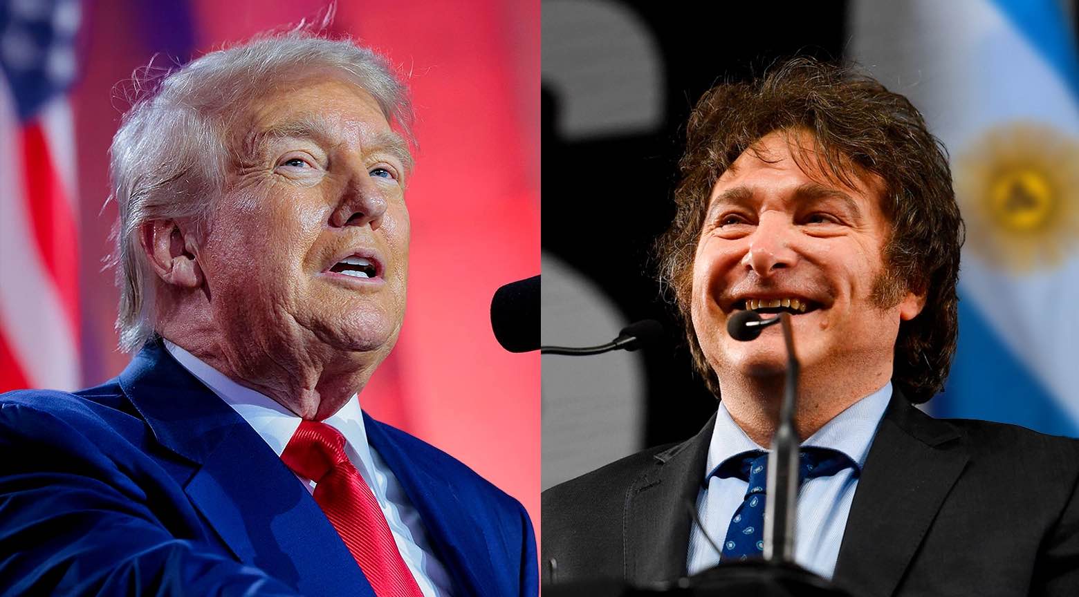 Composición dividida que muestra a dos líderes políticos: uno hablando frente a un micrófono con la bandera de Estados Unidos de fondo, y el otro sonriendo durante un discurso con la bandera de Argentina detrás.