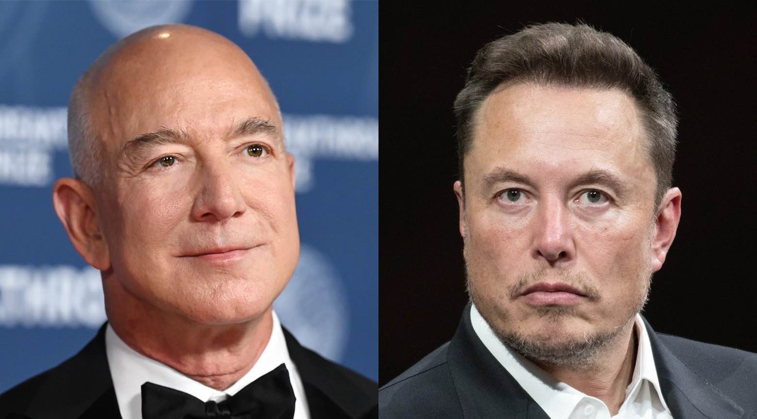 Retrato de Jeff Bezos y retrato de Elon Musk, mostrados lado a lado.