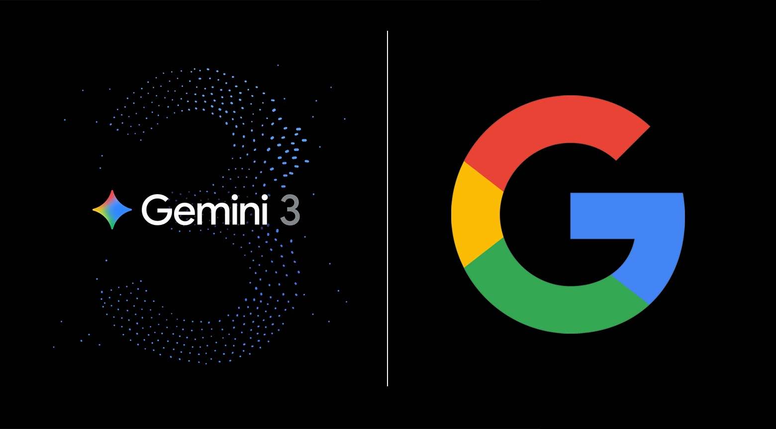 Logotipos de Google y Gemini 3 sobre fondo negro, representando el lanzamiento del nuevo modelo de inteligencia artificial.
