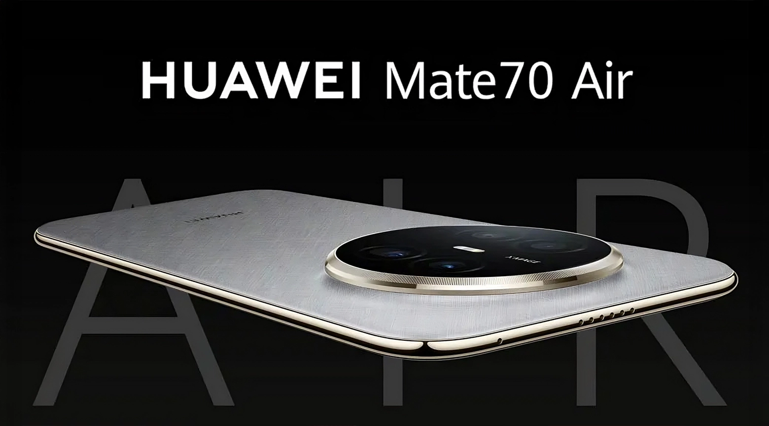 Teléfono inteligente Huawei Mate70 Air en color gris claro con diseño delgado y módulo circular de cámaras sobre fondo negro.