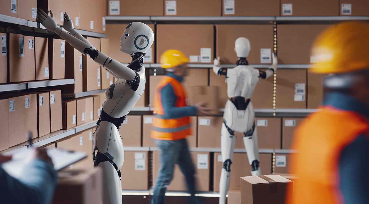 Un robot y un trabajador humano colaborando en un almacén, con el robot colocando cajas en estanterías y el trabajador manipulando cajas.