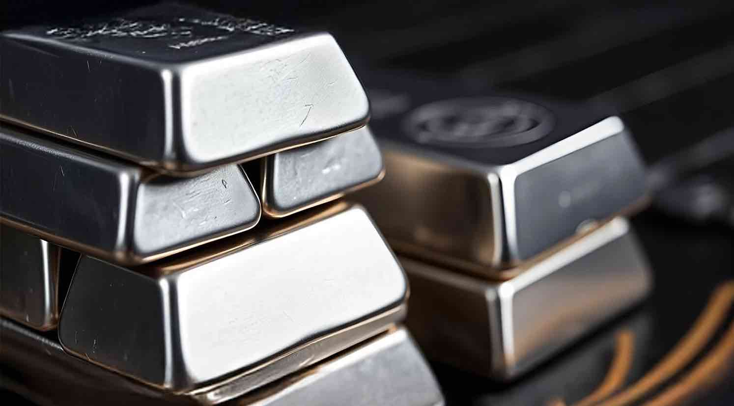 Lingotes de plata apilados en primer plano, iluminados sobre una superficie oscura.