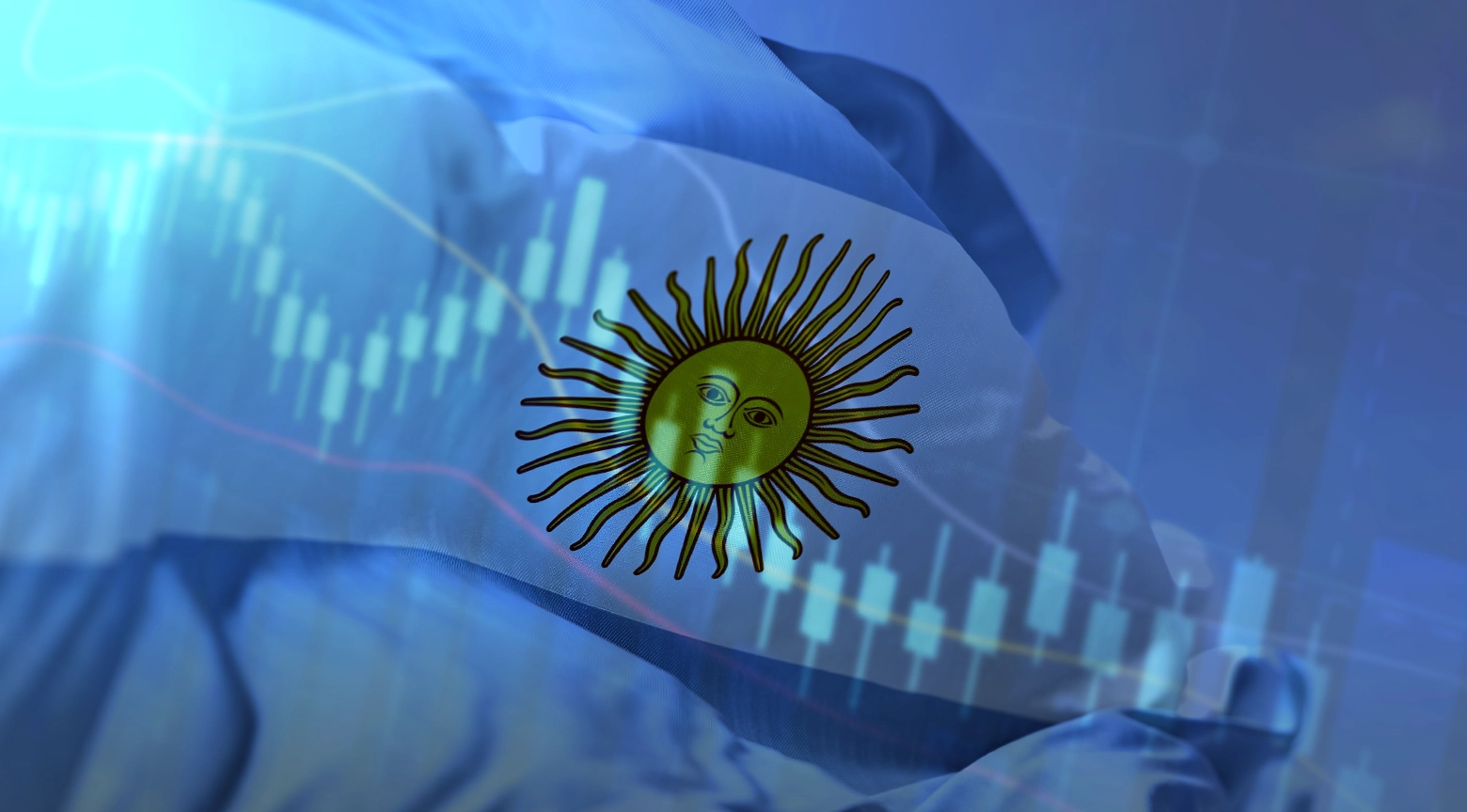 Bandera de Argentina con un gráfico financiero superpuesto, simbolizando la situación económica y el endeudamiento del país