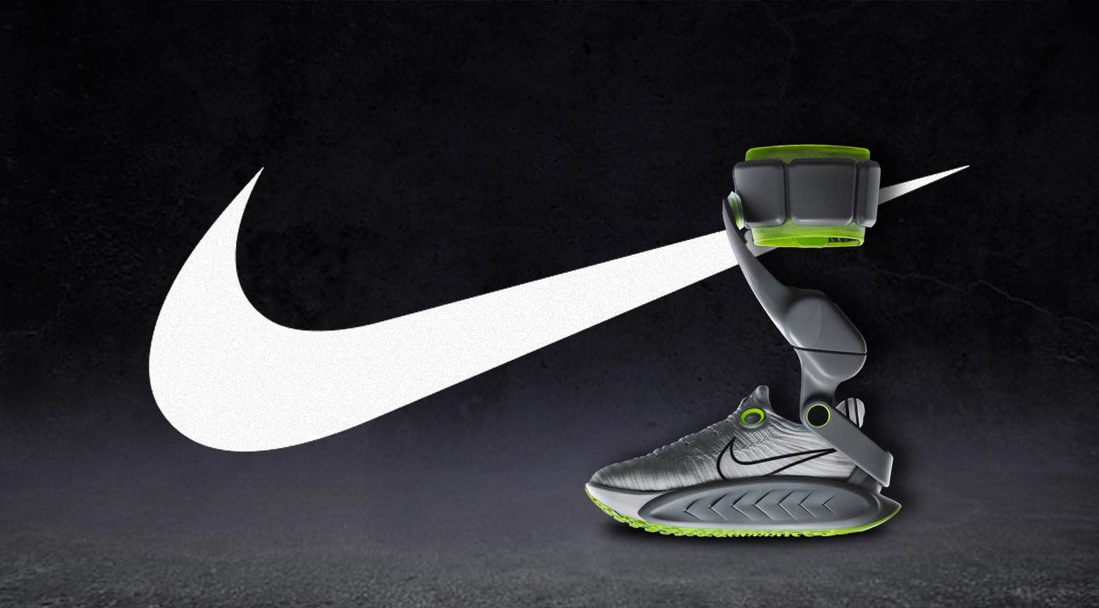 Prótesis deportiva de alta tecnología integrada en un calzado Nike gris con detalles verdes, mostrada sobre un fondo oscuro con el logo de Nike en grande.