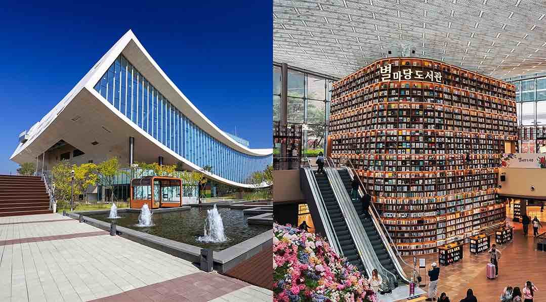 Vista exterior e interior de la Biblioteca Nacional de Sejong, con su edificio de líneas curvas y amplios ventanales, y un espacio interior dominado por estanterías monumentales y escaleras mecánicas.