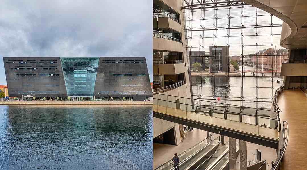 Vista exterior e interior de la Biblioteca Real de Copenhague (Diamante Negro), con su fachada oscura frente al canal y un interior luminoso de pasarelas, vidrio y espacios abiertos.