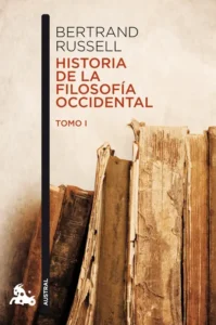 Portada del libro Historia de la filosofía occidental. Tomo I, de Bertrand Russell, con una composición sobria que muestra libros antiguos desgastados en tonos sepia.
