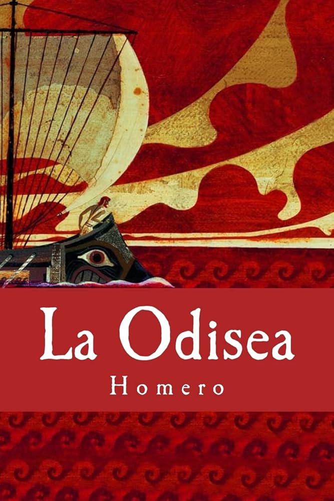Portada del libro La Odisea de Homero, con una ilustración de una embarcación antigua navegando un mar estilizado en tonos rojos y ocres.