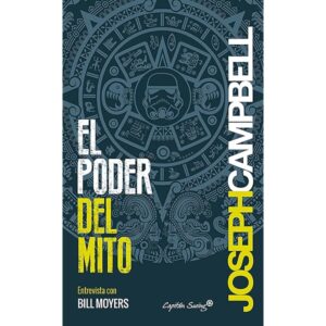 Portada del libro El poder del mito, de Joseph Campbell, con un diseño gráfico inspirado en símbolos míticos y un rostro central de estilo precolombino sobre fondo azul verdoso.