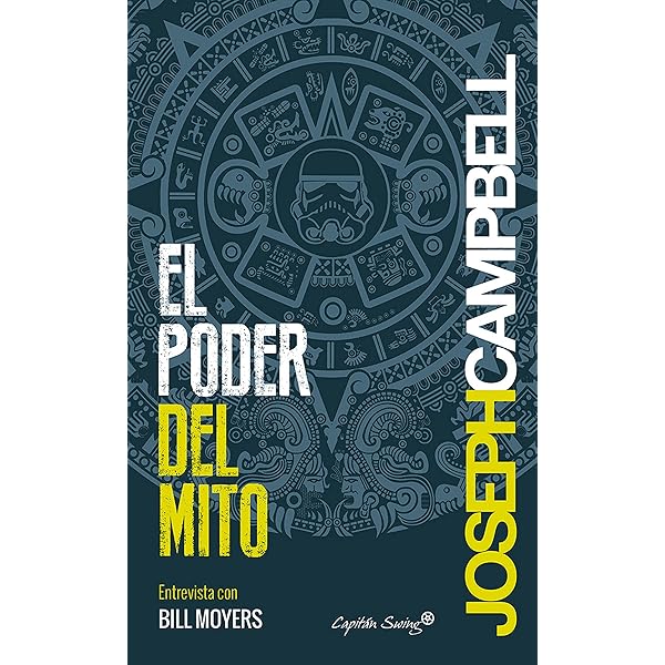 Portada del libro El poder del mito, de Joseph Campbell, con un diseño gráfico inspirado en símbolos míticos y un rostro central de estilo precolombino sobre fondo azul verdoso.