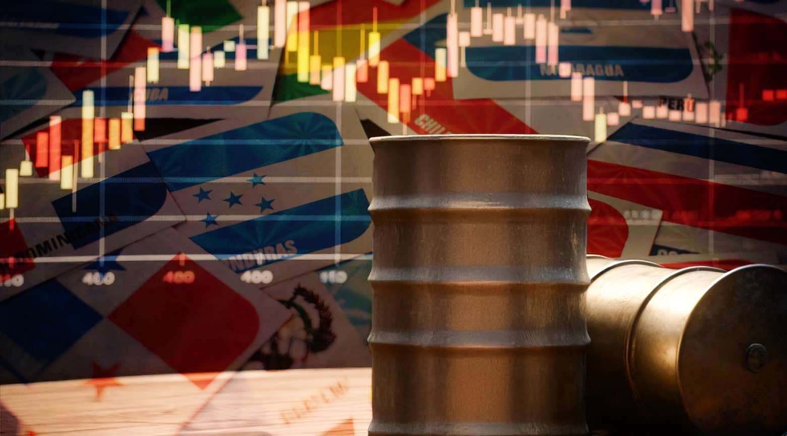 Barriles de petróleo frente a un fondo con banderas de países de América Latina y gráficos financieros, en referencia al impacto regional en los mercados energéticos.