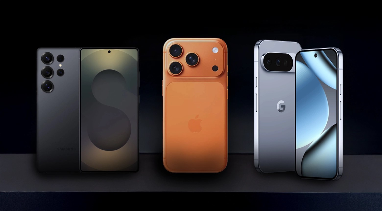 Comparativa visual de smartphones de alta gama de distintas marcas, destacando diseño, cámaras y tamaño de pantalla en un entorno oscuro.