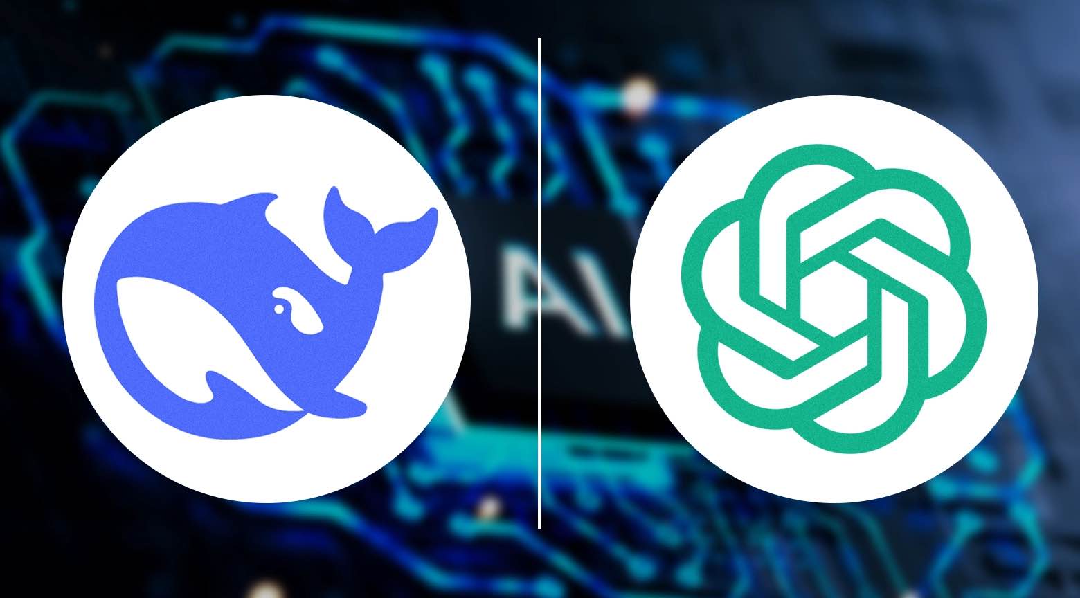 Logos de DeepSeek y OpenAI mostrados lado a lado sobre un fondo tecnológico borroso.