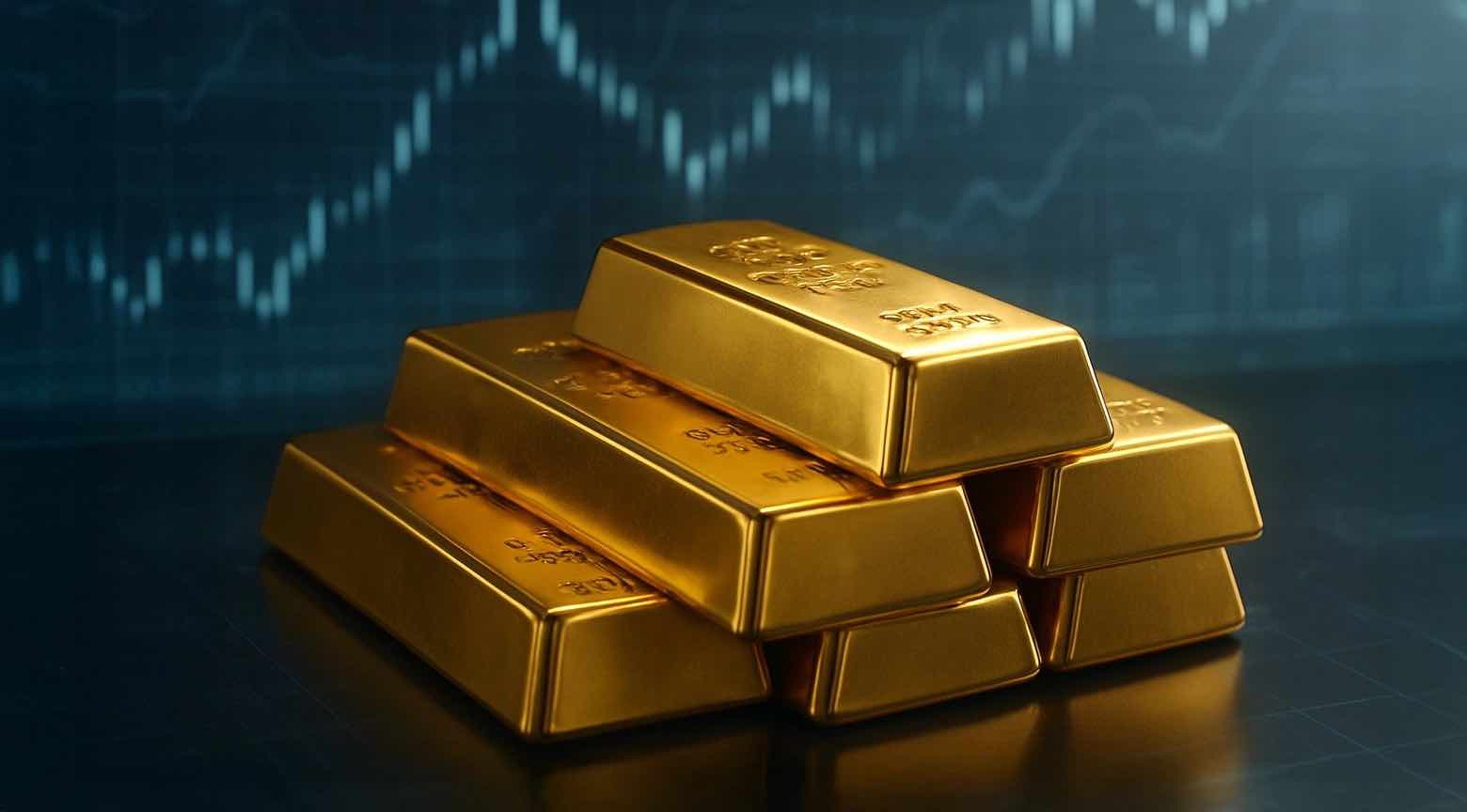Lingotes de oro apilados sobre un fondo con gráficos financieros, simbolizando un aumento en el valor del oro.