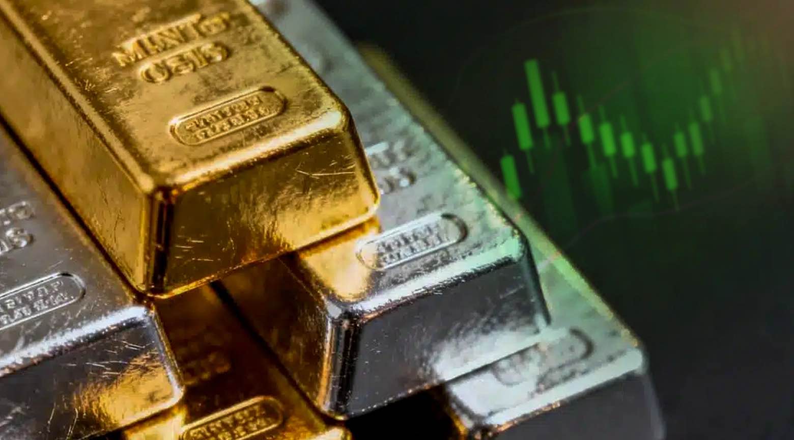 Lingotes de oro y plata apilados con un gráfico financiero en alza al fondo, simbolizando el récord histórico de los metales preciosos al cierre de 2025.