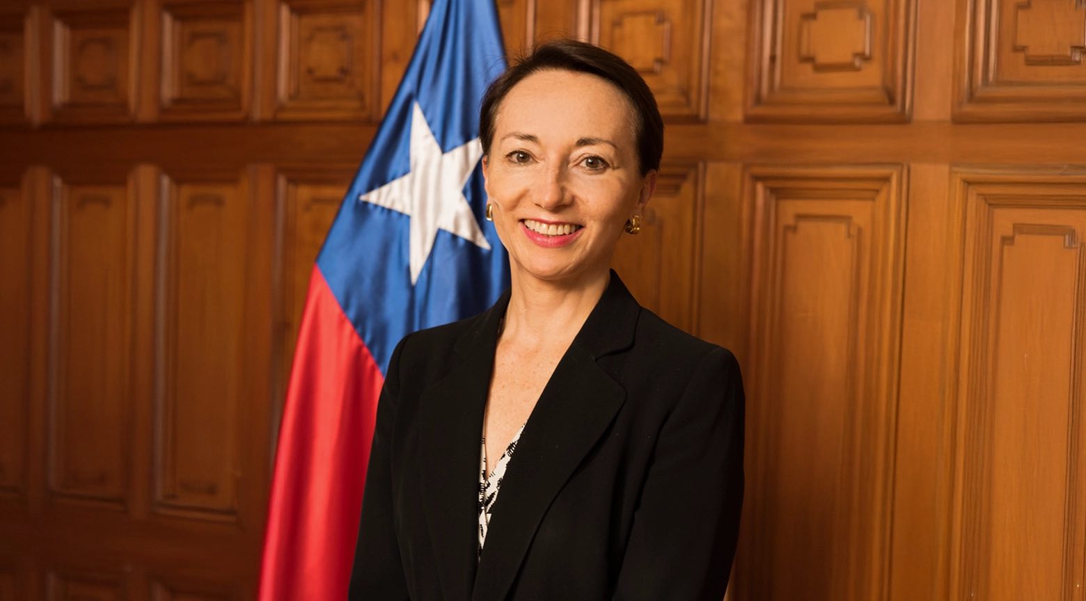 Gloria Ana Chevesich Ruiz posa de manera oficial frente a la bandera de Chile, vestida con traje formal, en un entorno institucional de madera.