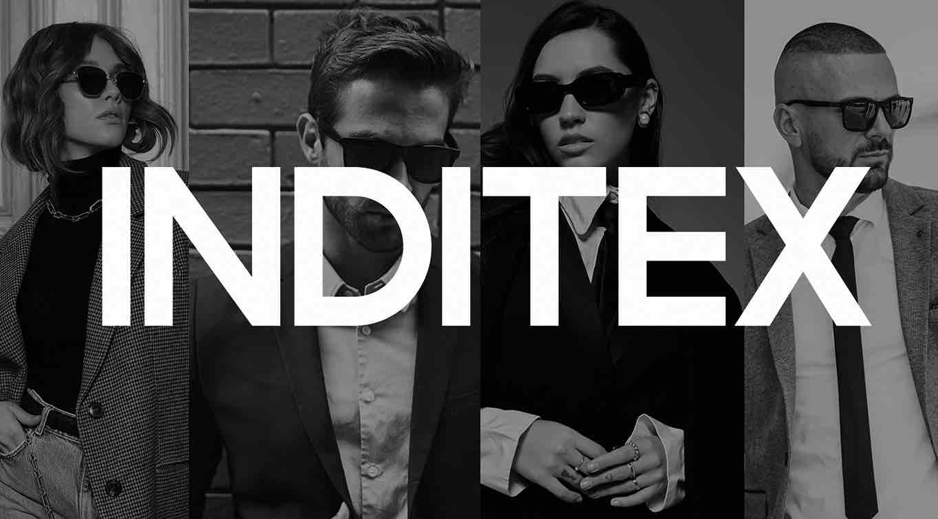 Imagen en blanco y negro de personas usando gafas de sol con el logo de Inditex en el centro.