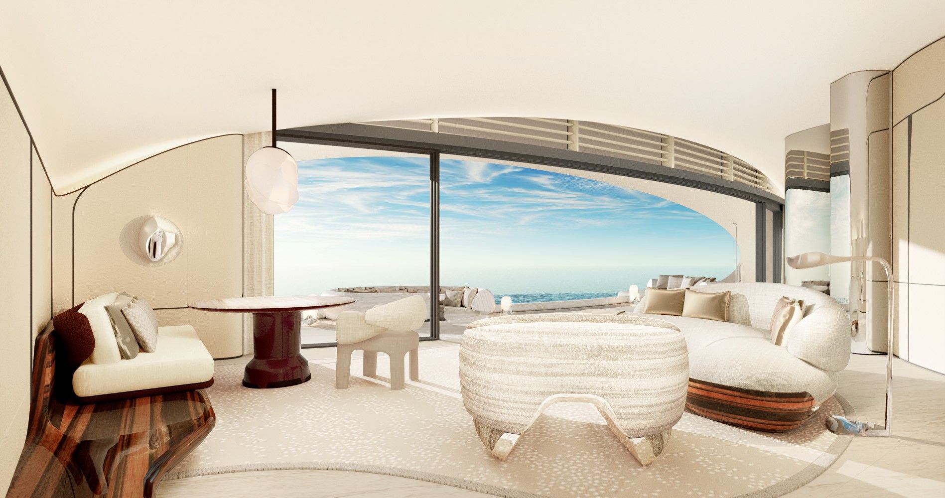 Interior de residencia de lujo con diseño orgánico y curvo, mobiliario en tonos neutros y amplios ventanales con vista directa al mar.