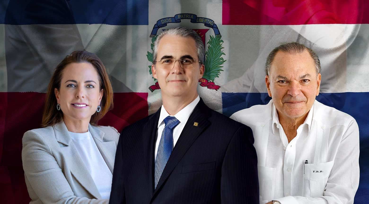 Retrato de tres líderes empresariales dominicanos frente a la bandera de República Dominicana, representando el poder económico familiar del país.