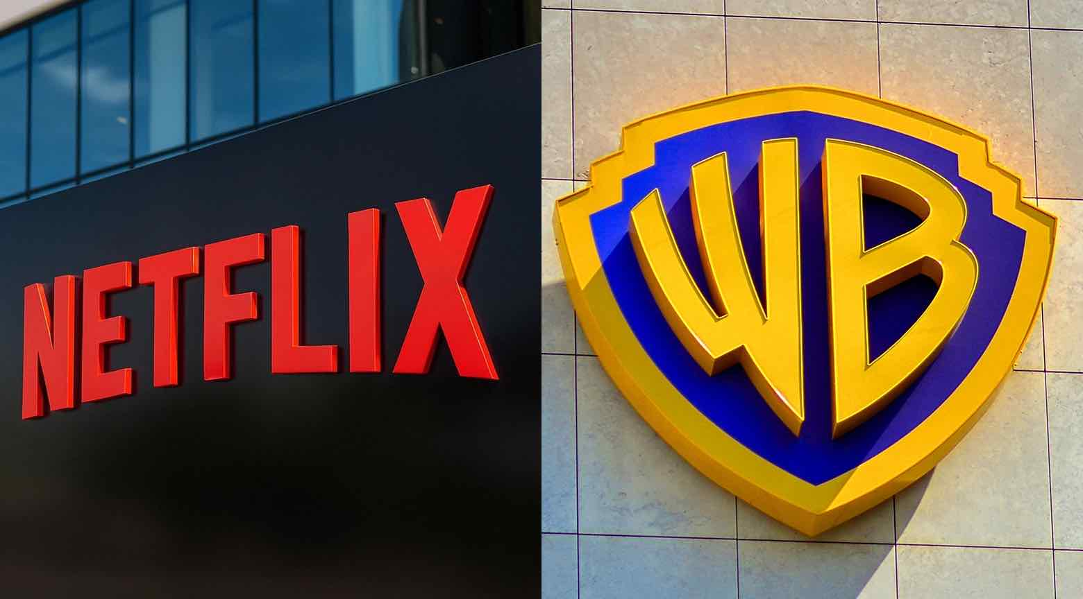 Logos de Netflix y Warner Bros. Studios, destacando la noticia sobre las negociaciones de Netflix para adquirir los estudios y la plataforma de streaming de Warner Bros.