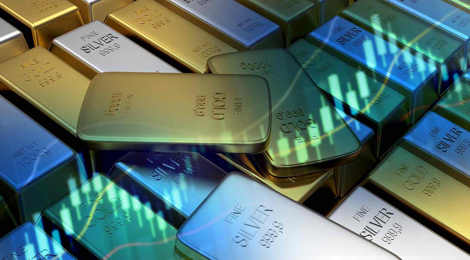 Lingotes de oro y plata apilados con gráficos financieros superpuestos, representando el alza histórica de los metales preciosos en un contexto de volatilidad global.