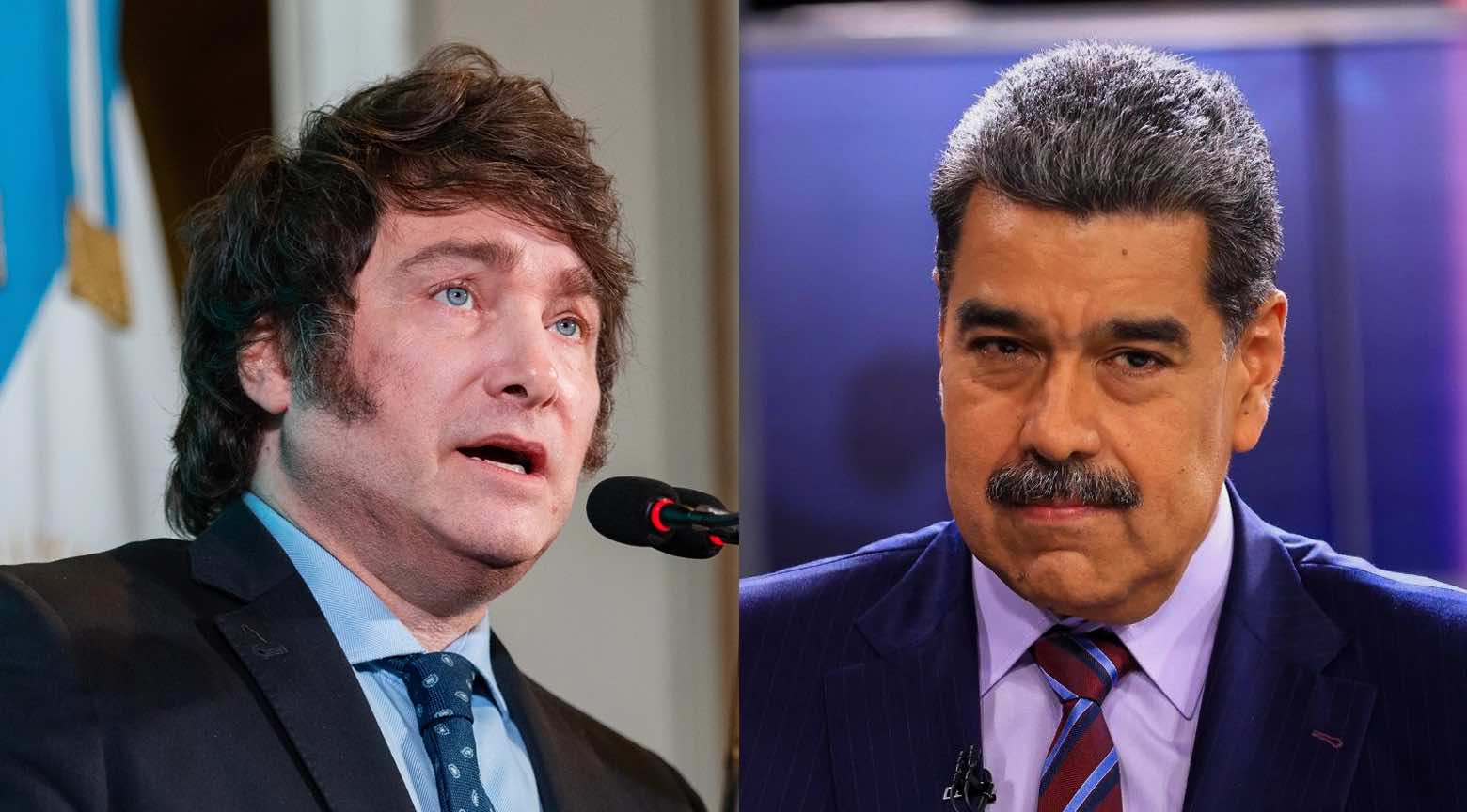 Retrato dividido del presidente argentino Javier Milei y del mandatario venezolano Nicolás Maduro, representando posiciones opuestas en un ranking presidencial regional.