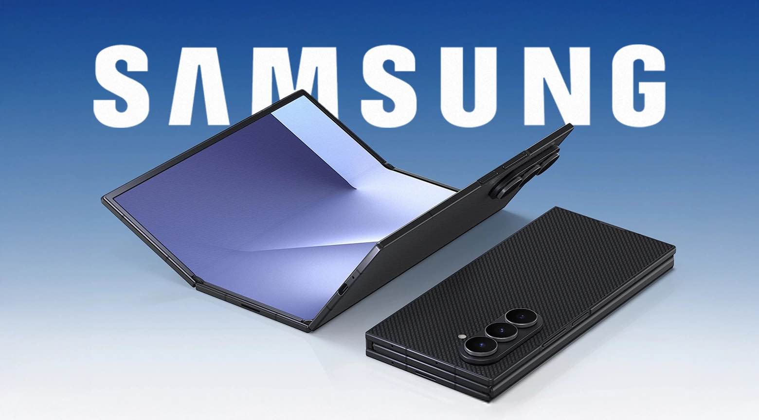 Dispositivo Samsung plegable triple desplegado junto a su versión cerrada, con el logo de Samsung al fondo.