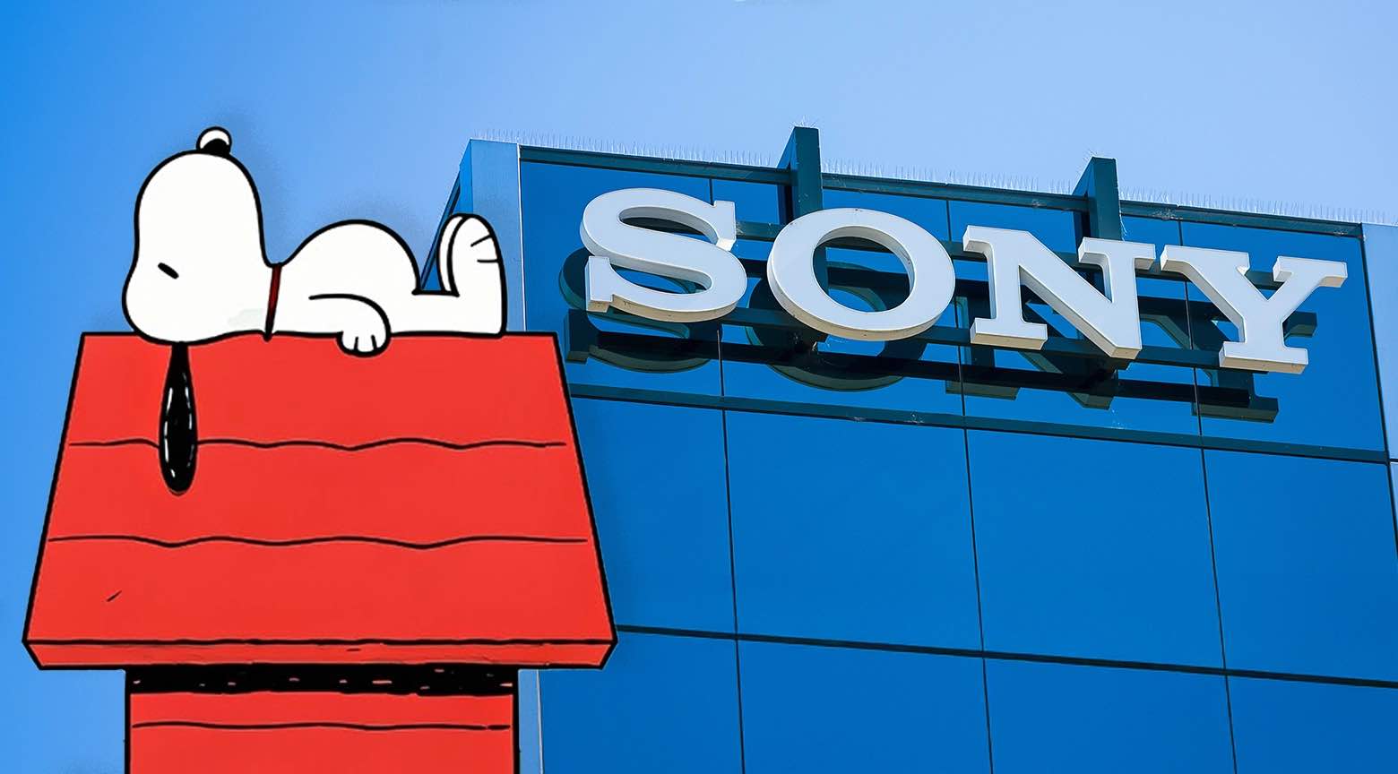 Ilustración de Snoopy recostado sobre su caseta roja frente al edificio corporativo de Sony, simbolizando una adquisición en la industria del entretenimiento.