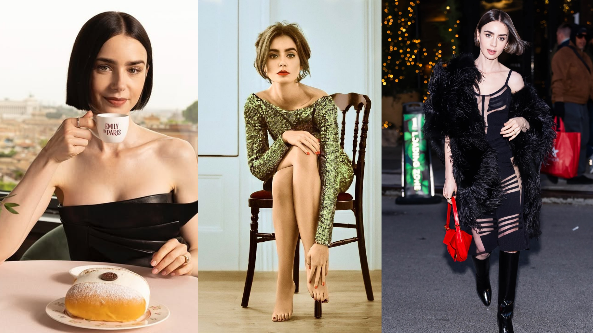 Imagen de la actriz Lily Collins en tres looks diferentes, cada uno mostrando su estilo versátil. En el primer look, sostiene una taza con el logo de "Emily in Paris". En el segundo, viste un vestido metálico y en el tercero, lleva un elegante conjunto negro con botas altas.
