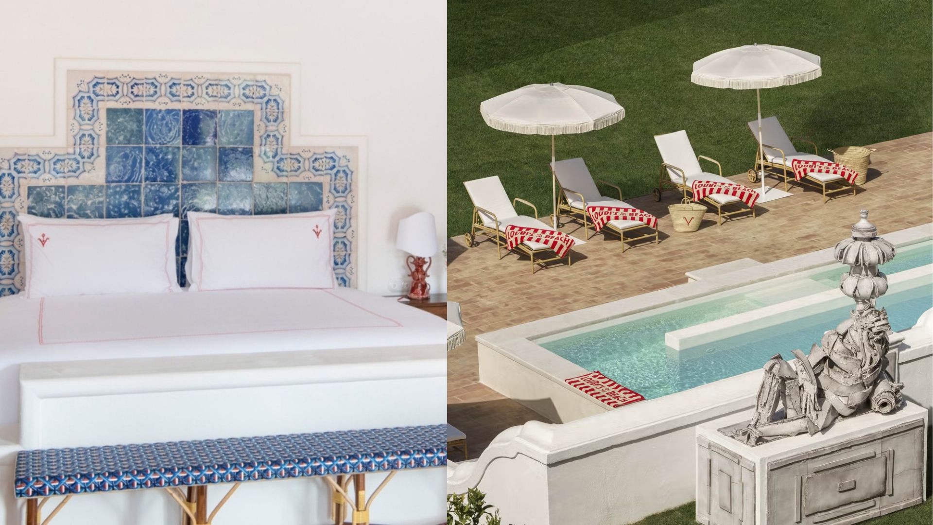 Habitación y área de piscina del Hotel Vermelho en Melides, con azulejos portugueses, textiles personalizados y mobiliario de diseño que reflejan una estética de lujo íntimo y artesanal.