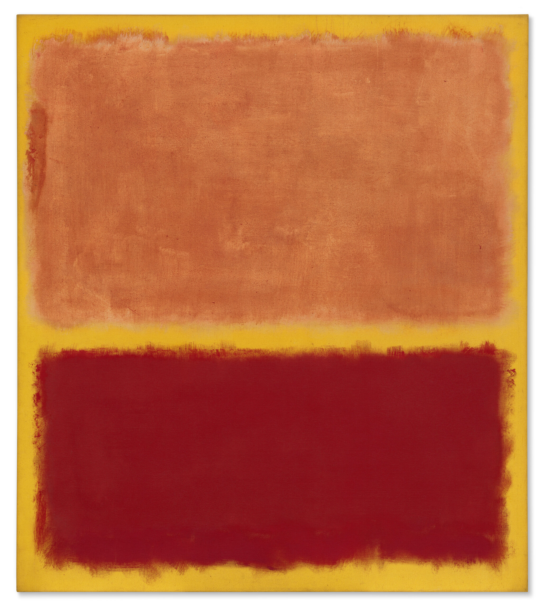 Composición abstracta de dos grandes campos rectangulares en tonos rojo oscuro y naranja, enmarcados por un borde amarillo luminoso, pintura de Mark Rothko.
