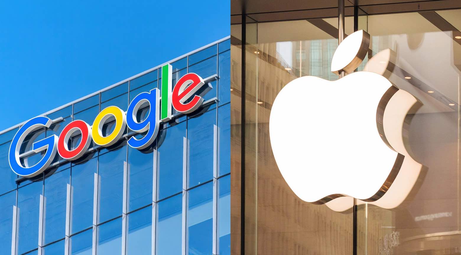 Logotipos de Google y Apple en fachadas corporativas, representando la competencia entre las mayores empresas tecnológicas del mundo.