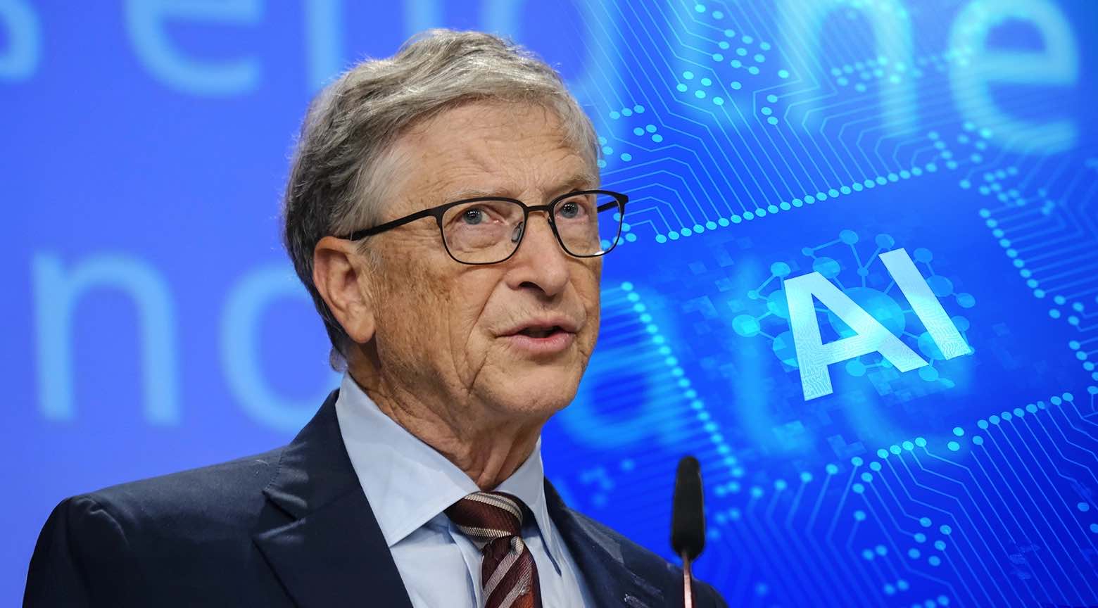 Bill Gates durante una conferencia, con gráficos digitales y el concepto de inteligencia artificial representado en el fondo.