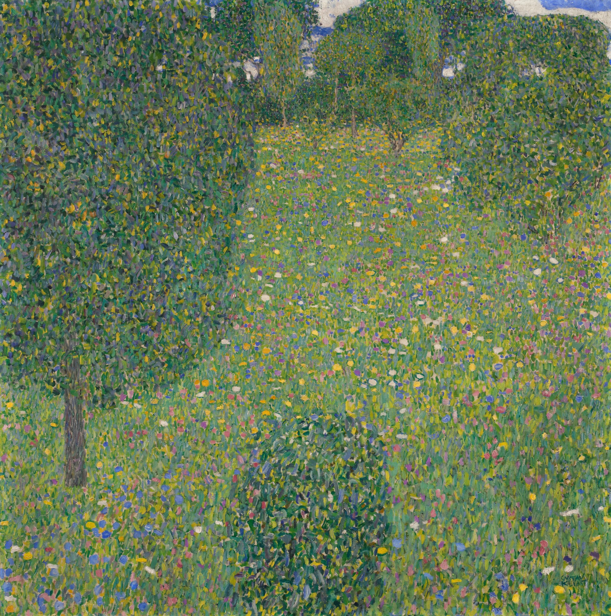 Pintura de un prado cubierto de flores silvestres y árboles, realizada con pinceladas densas y colores vibrantes, obra de Gustav Klimt.
