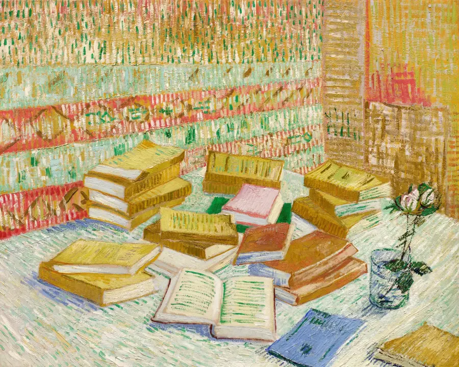 Naturaleza muerta con libros apilados y un libro abierto sobre una mesa, pintada con pinceladas expresivas y colores vibrantes por Vincent van Gogh.