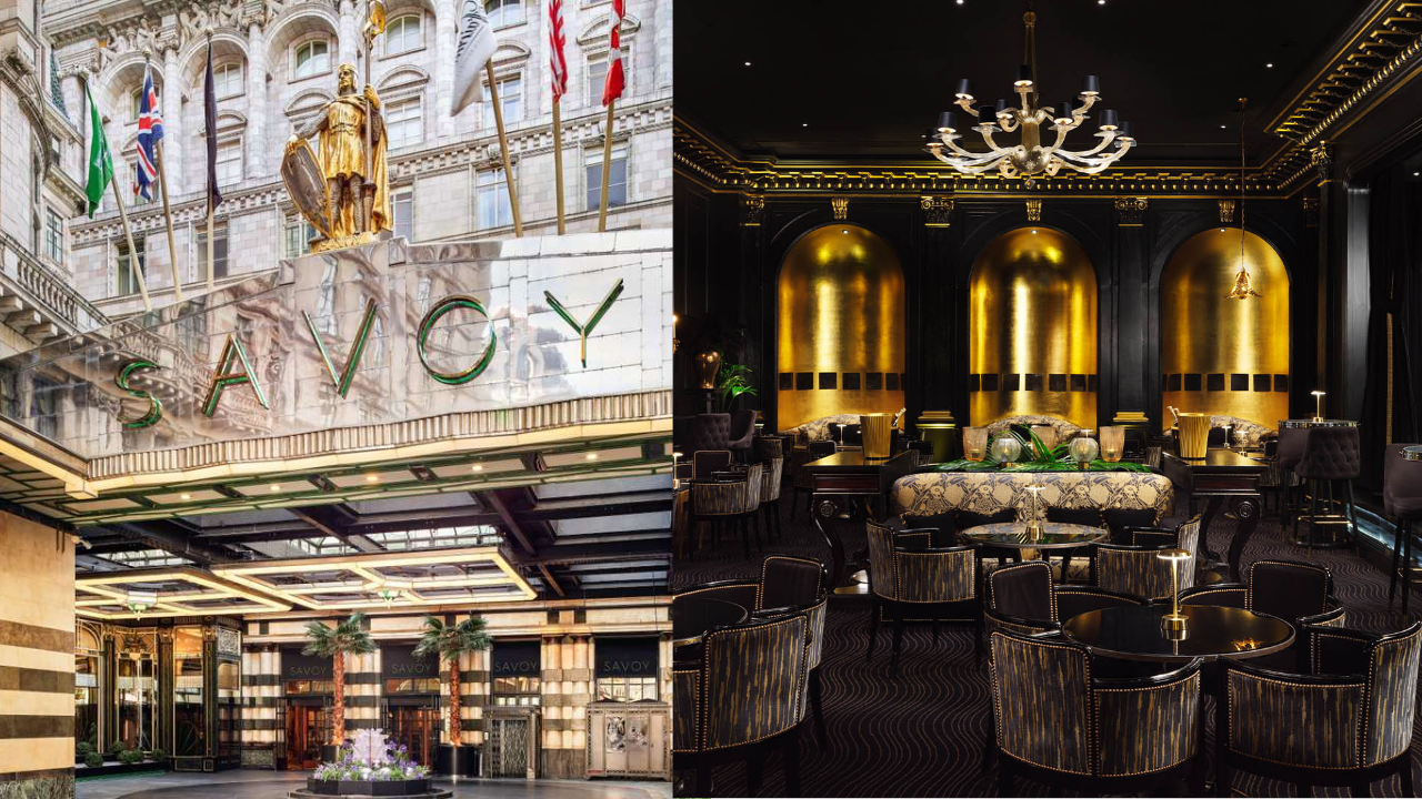 Vista combinada del Hotel Savoy en Londres: la entrada histórica con marquesina y, a la derecha, un elegante salón interior de estilo Art Déco con detalles dorados.